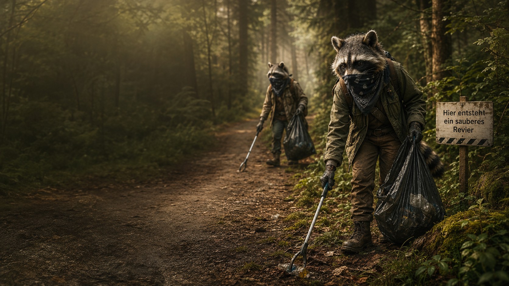Zwei TrashPandas räumen einen Waldweg auf