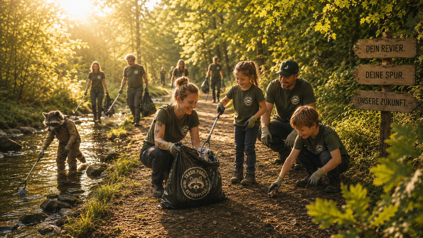 Zwei TrashPandas räumen einen Waldweg auf